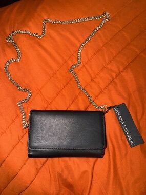Banana Republic Black Leather Wallet Phone Crossbody with Silver Chain Strap